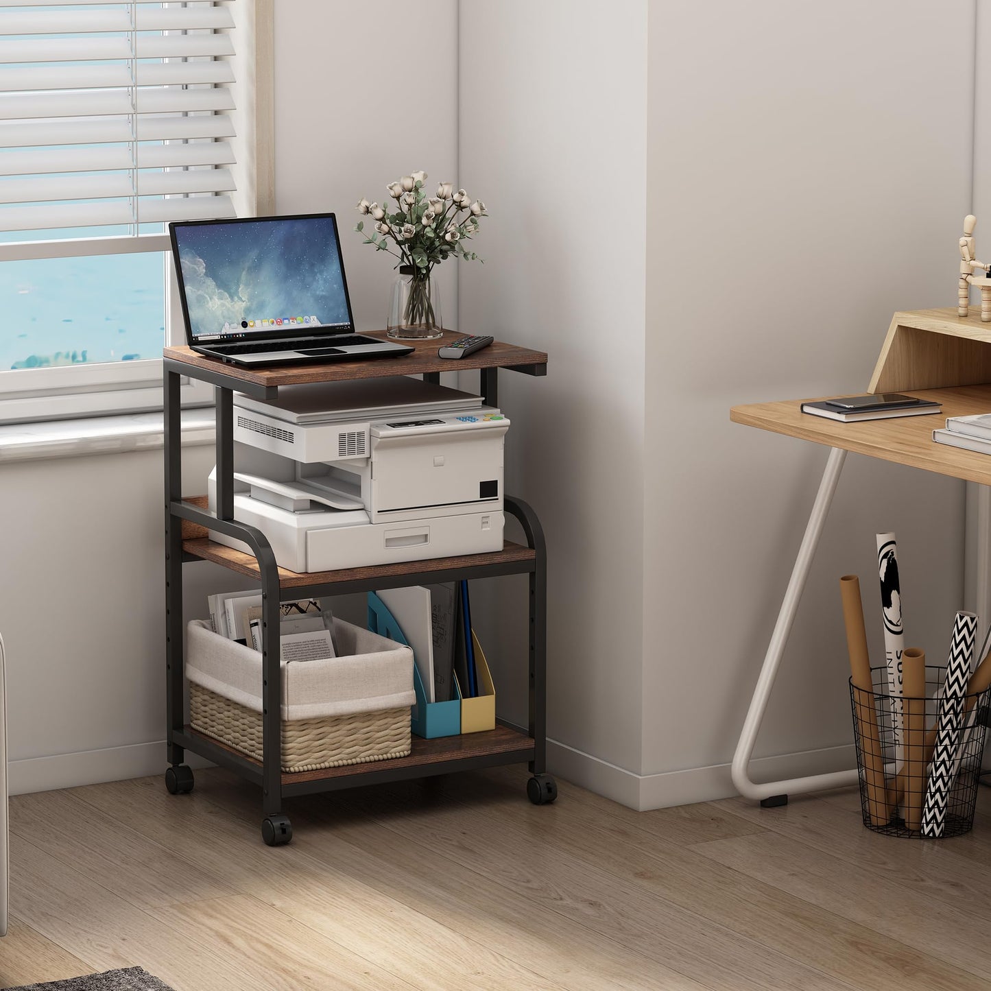 Fannova Printer Table Stand with Height Adjustable Shelf, 3 Tier Rolling Printer Cart with Wheels for Home Office Storage and Organization, Industrial Style
