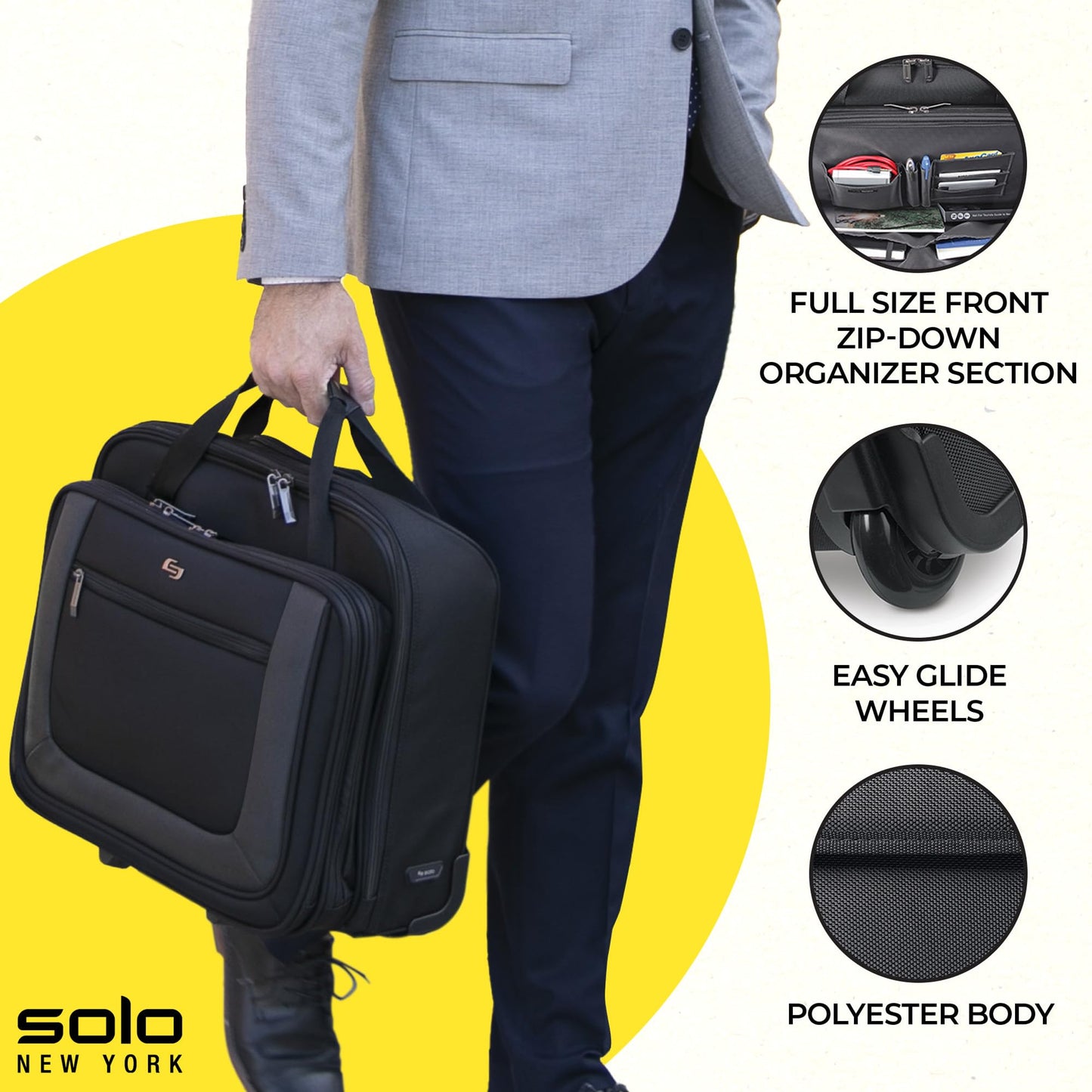 Solo New York Rolling Case with Wheels - Roller Laptop Bag, Wheeled Briefcase for Women & Men, Carry On Size for Travel, Fits 17.3" Computer - Bryant, Black & Grey