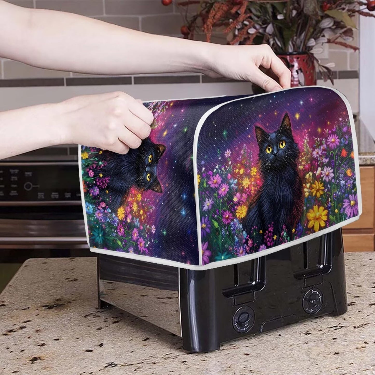 ASQVTIFE Black Cat Toaster Covers 4 Slice Long Slot Kitchen Appliance Covers Cute Animal Bread Machine Oven Dust Cover Indoor Kitchen Decorations Greasy Protection Anti Sputtering