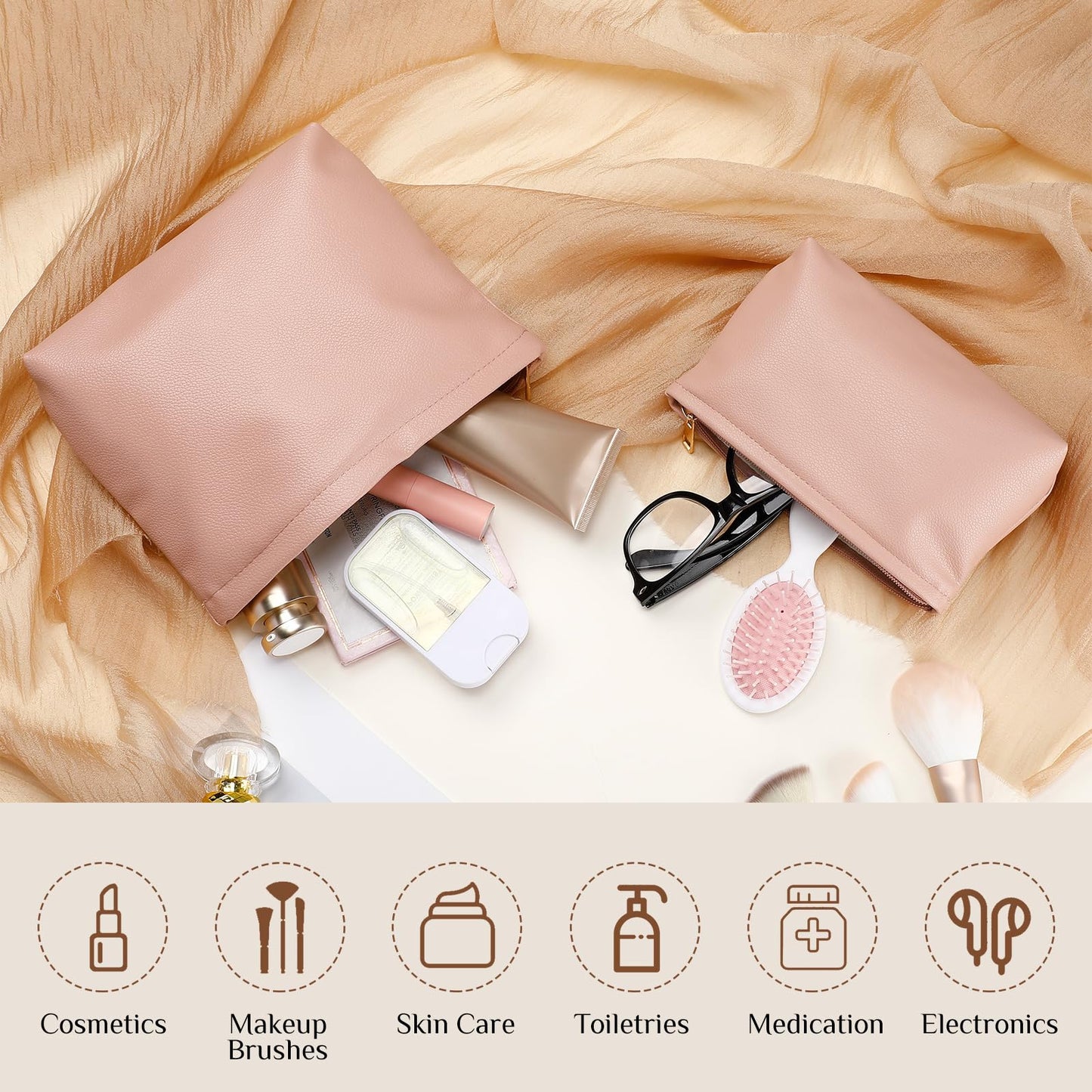 Kigeli 2 Pcs Small Makeup Bag Set for Purse PU Leather Cosmetic Bag Makeup Travel Toiletry Pouch Aesthetic Preppy Organizer Storage Pouch Gift for Teacher Mother Day Women(Pink)