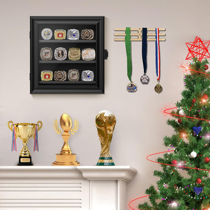 Championship Ring Display Case, 12 Ring Posts Baseball Ring Holder, Wall Mount Wooden Shadow Box for Multiple Championship Rings