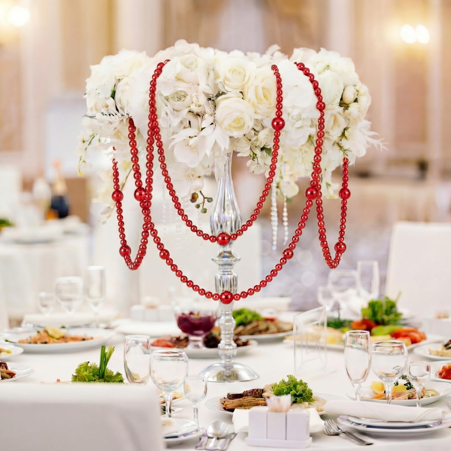 Yalikop 11.8 ft Red Faux Pearl Beads Garland for Wedding Pearl Garland Strand Chain Wedding Decoration for Floral Centerpieces Bridesmaid Party Favor Mantel Fireplace Stairs