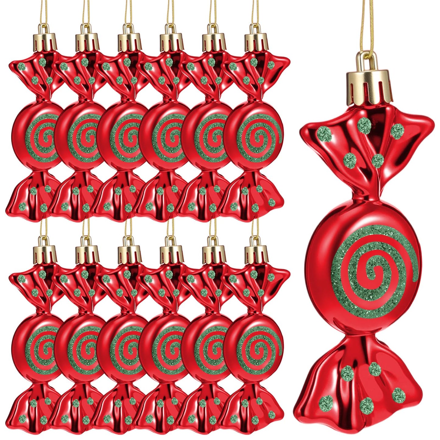 Threan 12 Pcs Christmas Candy Ornaments for Tree Decoration Hanging Glitter Candy Cane Christmas Peppermint Ornament with Golden Rope for Xmas Holiday Decoration(Red, Glitter Green,Plastic)