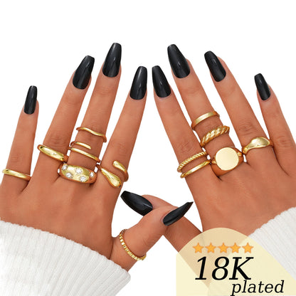 FAXHION 12PCS Gold Stackable Rings Set for Women, 18K Gold Plated Open Stacking Knuckle Ring, Adjustable Chunky Signet Band Statement Ring for Gift