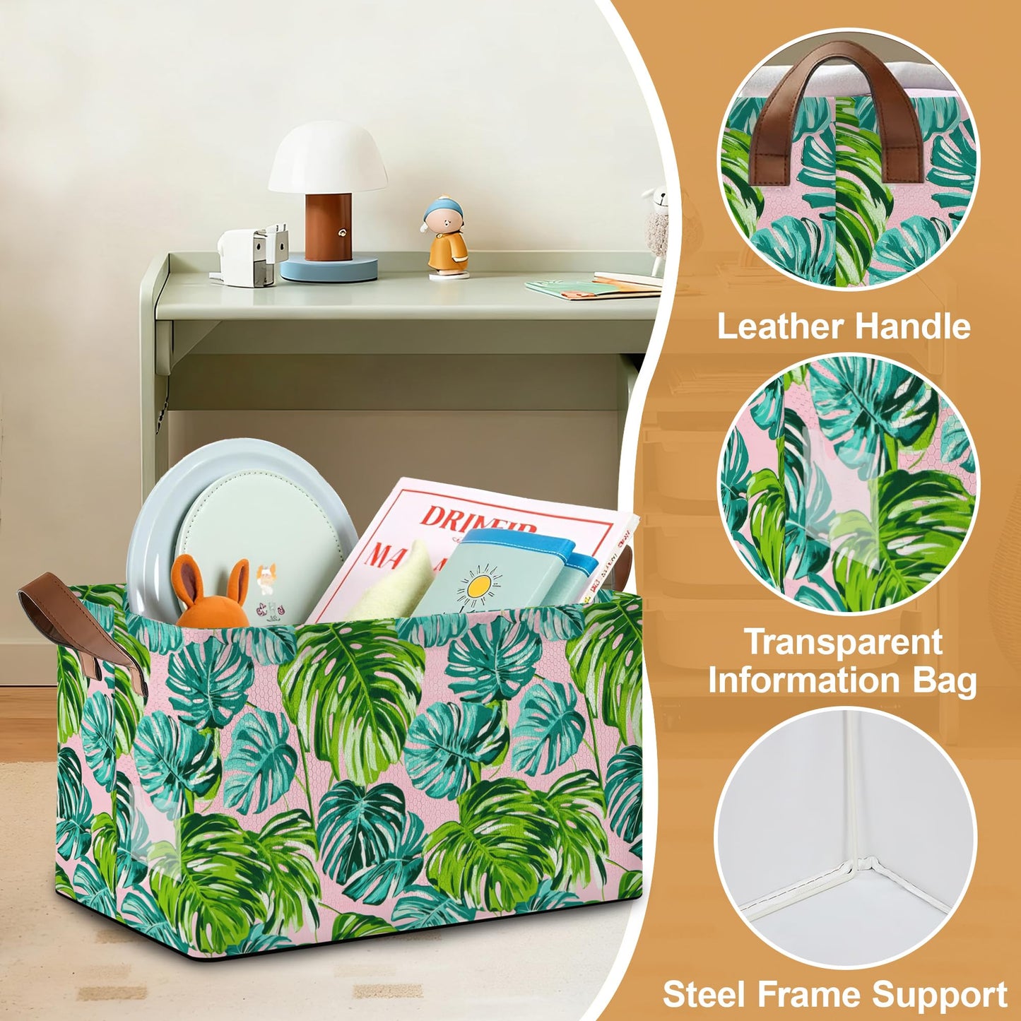 Oeaskly Palm leaves Storage Bins with Handles, Oxford Fabric Storage Basket with Sturdy Frame, Foldable Closet Organizer for Clothes Towels Blankets Shelf Storage