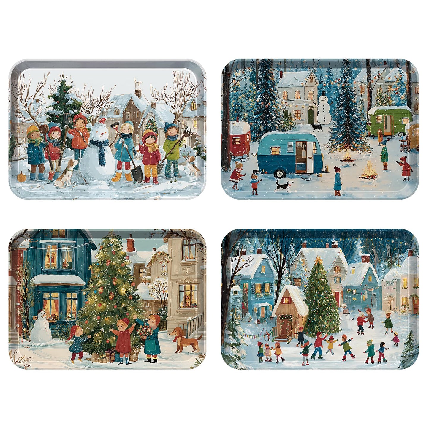Jrusmr 4 Pack Christmas Serving Trays, 15 x 11 Inch Melamine Holiday Platters with Winter Village, Ice Skating, and Camping Designs, Reusable Festive Trays for Snacks, Cookies, and Entertaining