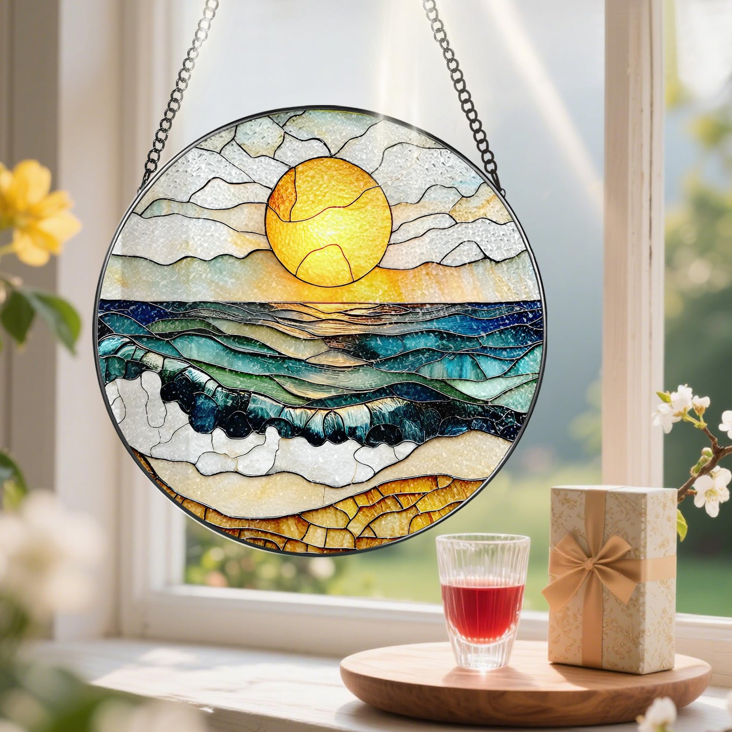 8-Inch Stained Glass Ornament, Stained Glass Window Hanging, Window Hanging Decor Suncatcher, Beach Sunset Ornament | Summer Vibes Gift | Gifts for Beach Lovers, Friend & Family