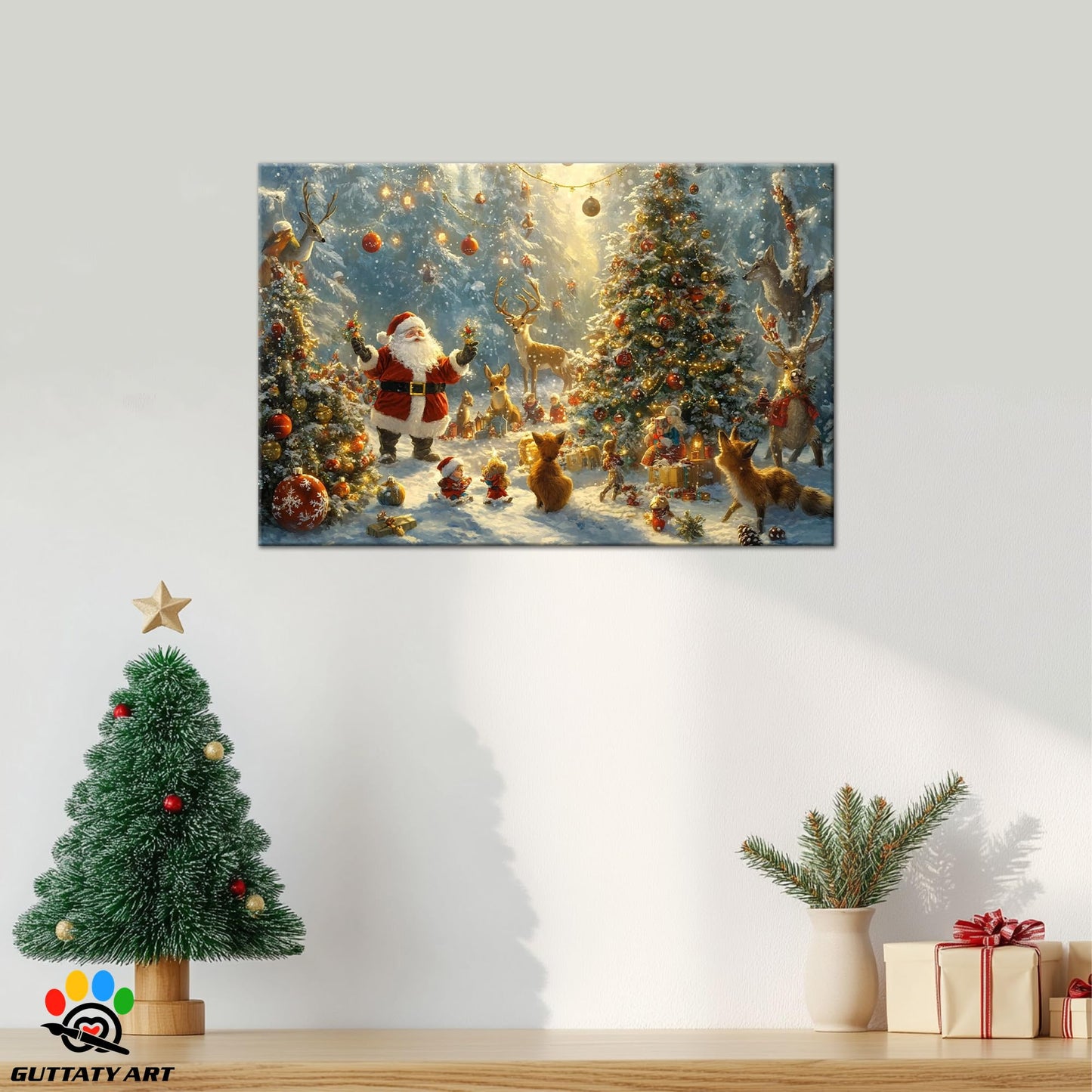 GUTTATY Christmas Canvas Wall Decor, Cute Santa Christmas Pictures Wall Art, Christmas Tree Prints Picture Framed, Deer Animal Art Prints, Winter Snowy Scene Posters for Living Room 18x24 Inch