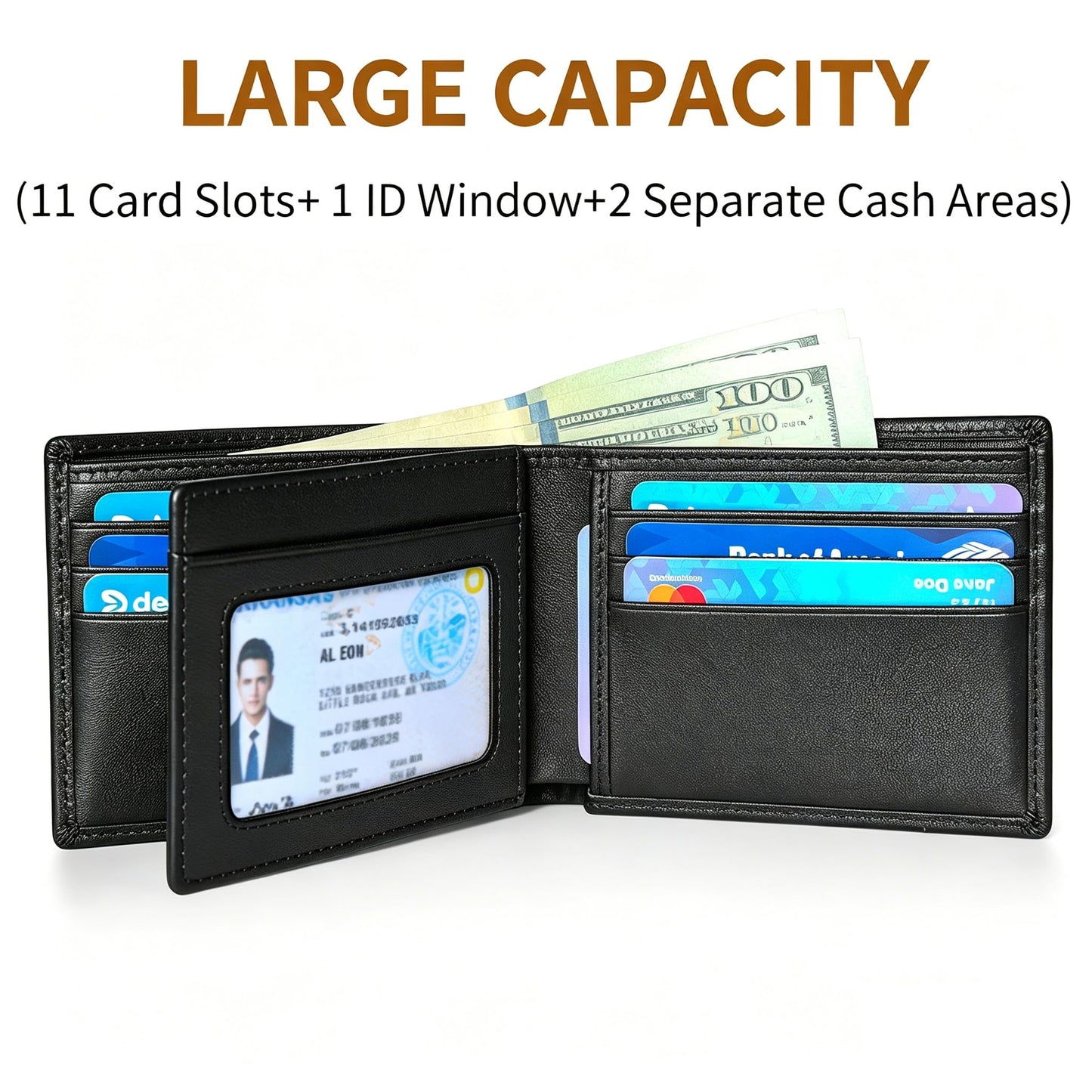 MARZAHAR Genuine Leather Mens Wallet, RFID Blocking Bifold Wallet for Men with ID Window, 11 Card Slots, Husband Birthday Anniversary, Dad Fathers Day Gift (Black)