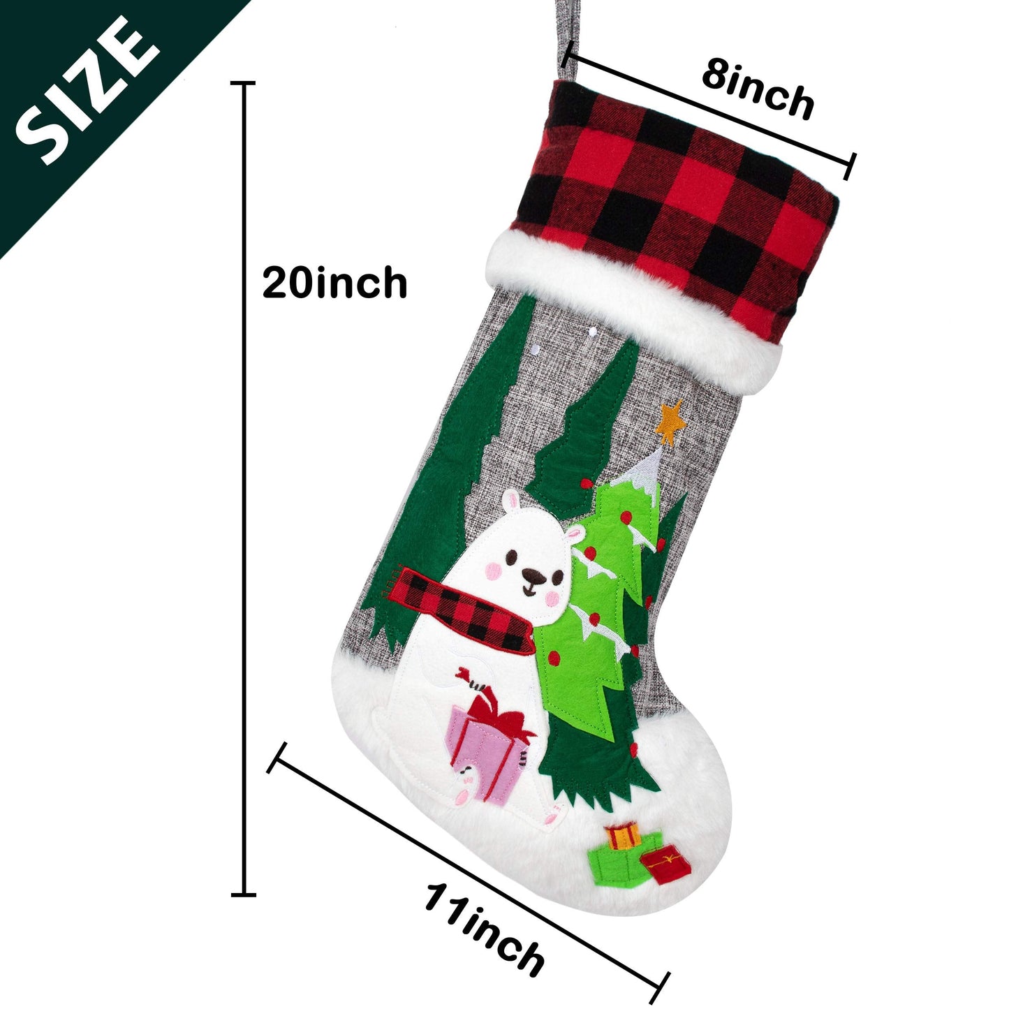 BHD BEAUTY Set of 6 Christmas Stockings Gray Burlap Buffalo Red Plaid Soft Faux Fur 20 Inches Lovely Embroidery Pattern for Family Decorations Hanging Ornament for Xmas Holiday Party