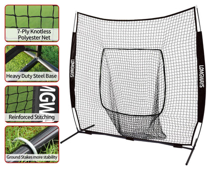 7'x7' Baseball Practice Net with Steel Frame for Batting, Hitting and Pitching, Portable Softball Net for Batting with Carrying Bag