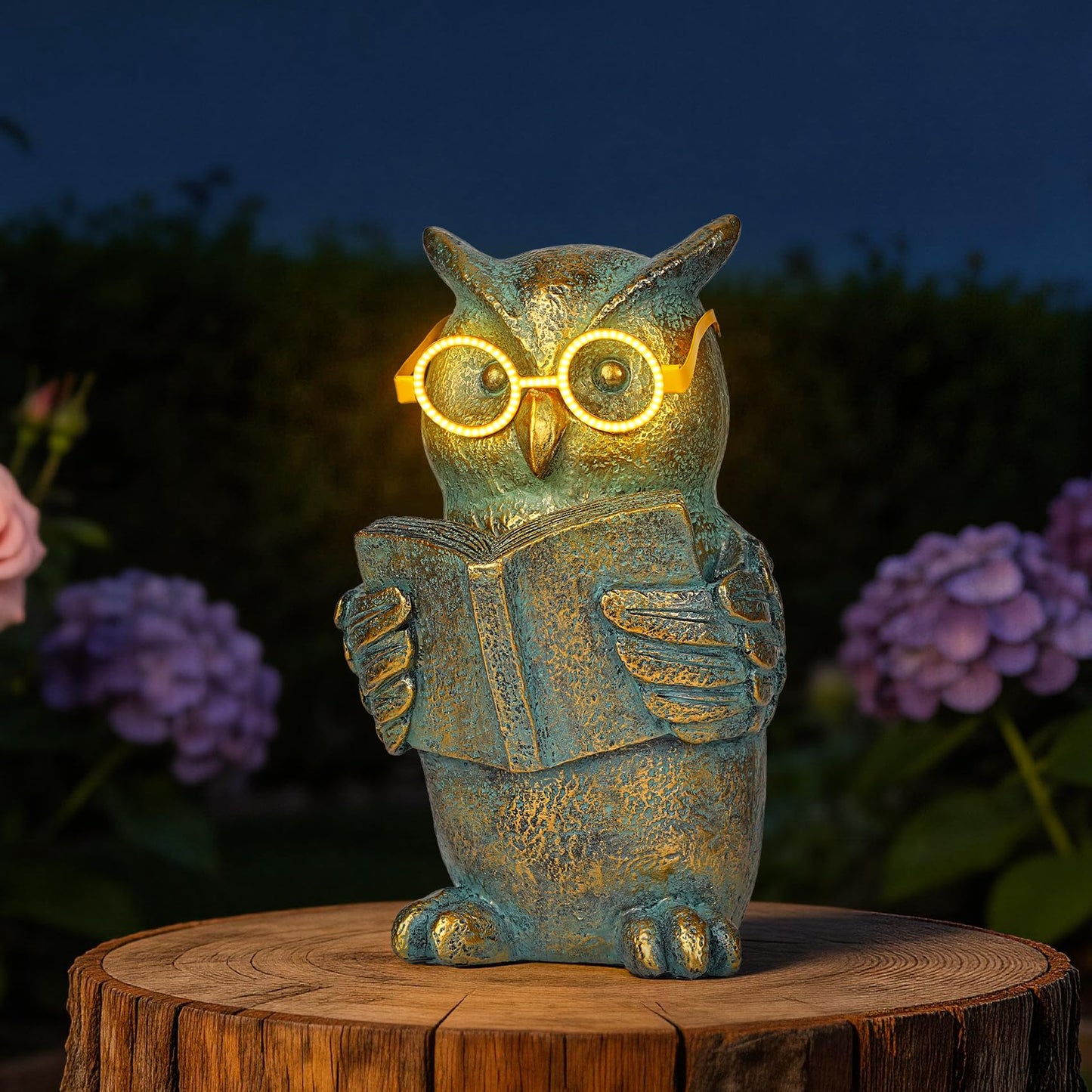 zuzuzen Reading Owl Statue with Solar Glasses Bronze Resin Garden Decoration Outdoor Figurine Light for Patio, Yard, Lawn, Housewarming Home Decor Gift for Women