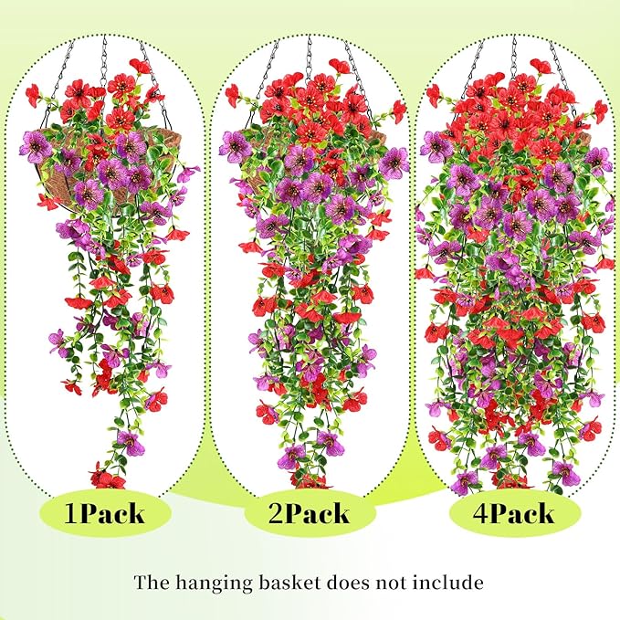 Artificial Fake Hanging Flowers Plants for Outdoor Spring Summer Autumn Decoration, 4pcs Faux Silk Realistic UV Sun Resistant Daisy for Outside Porch Patio Window Box Yard Home Decor (Red Purple)