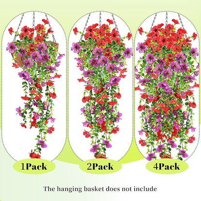 Artificial Fake Hanging Flowers Plants for Outdoor Spring Summer Autumn Decoration, 4pcs Faux Silk Realistic UV Sun Resistant Daisy for Outside Porch Patio Window Box Yard Home Decor (Red Purple)