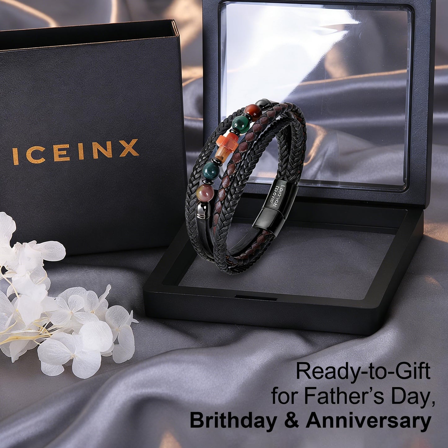 ICEINX Vintage Braided Leather Wrap Bracelet with Natural Indian Agate Stones, Religious Christian Jewelry Gift for Him（Agate Stones）