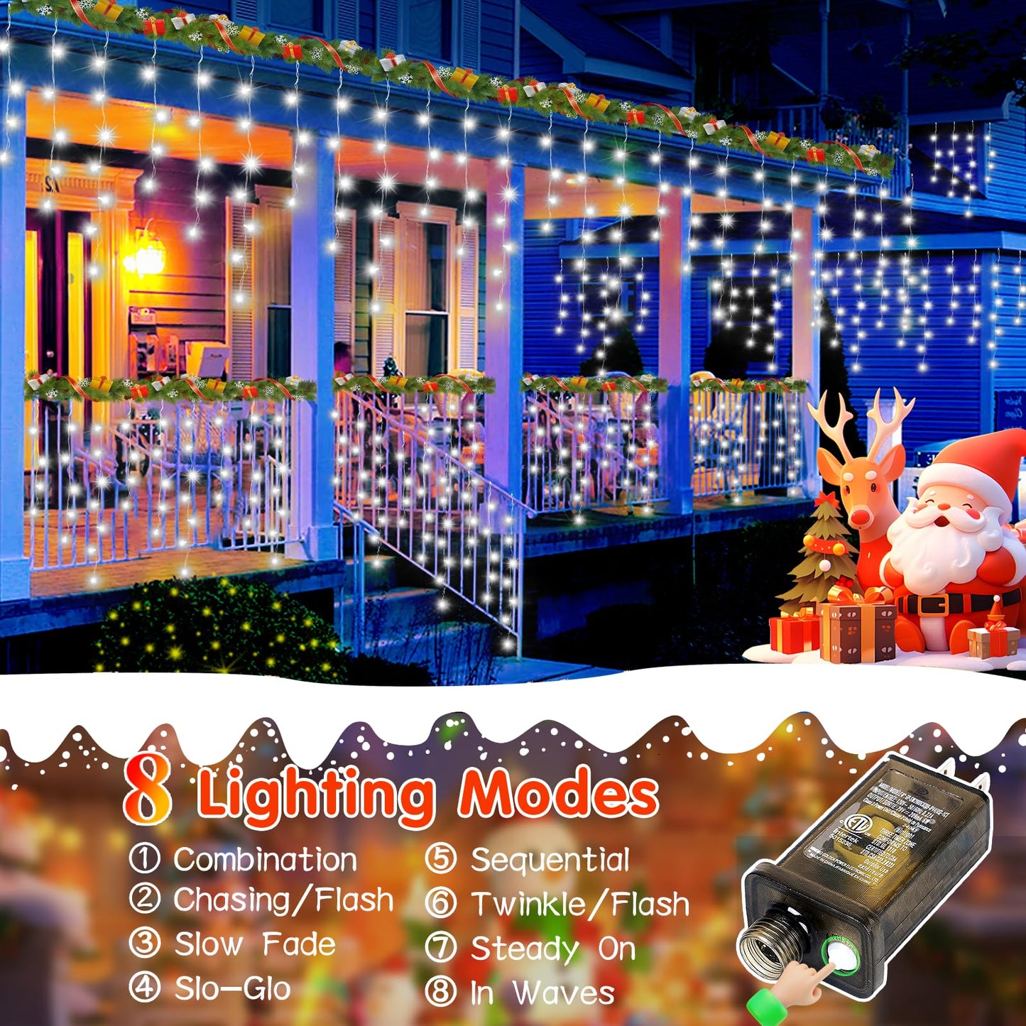 JREWDOIN 33FT Christmas Lights Outdoor, 400 LED Outdoor String Lights Waterproof Plug in with 8 Modes & Timer, Christmas String Lights for Tree Party, Garden, Holiday Decorations（Cool White）