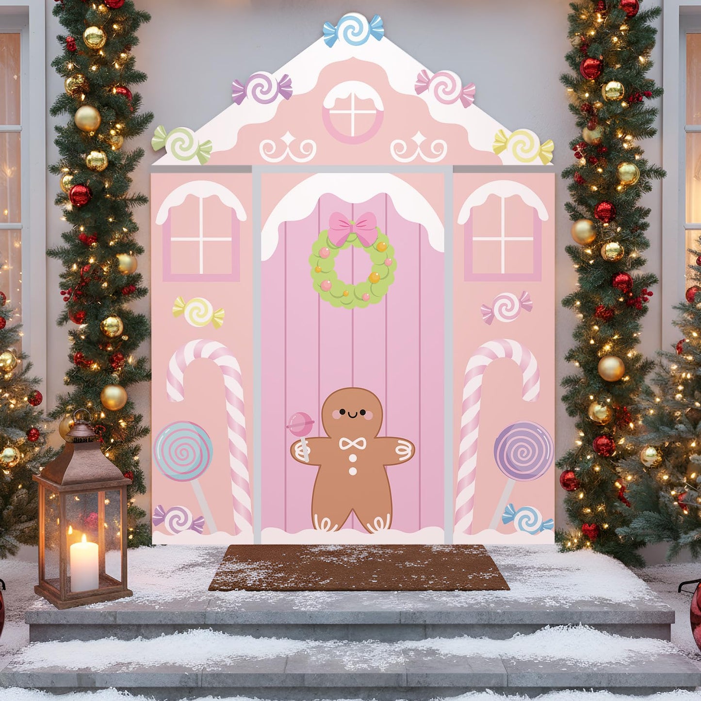 Hahafelt 4 Pcs Pastel Candy Christmas Gingerbread Door Covers Decoration Xmas Pink Gingerbread House Candy Door Backdrop Christmas Photo Booth Props Porch Sign for Holiday Classroom Home Party Decor
