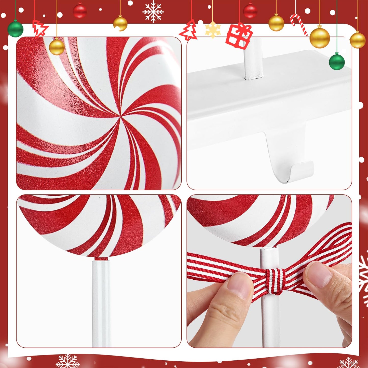Pawliss Christmas Stocking Holders for Mantle: Red White Peppermint Candy Stocking Holder Stand Set of 4, Metal Stocking Hangers Decorative Hooks for Xmas Home Decor, Fireplace Window Accessories