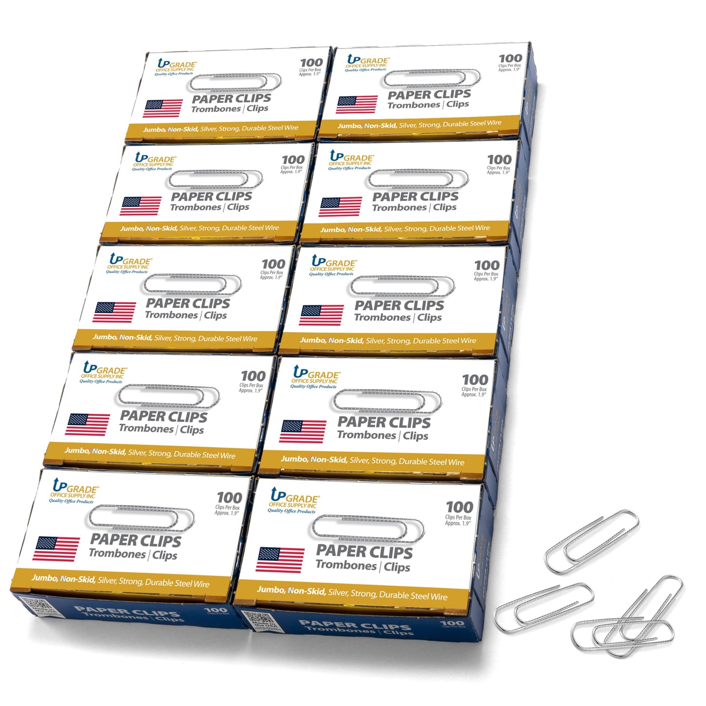 Upgrade Office Supply Jumbo Paper Clips, Non Skid, 1.9 Inch, 1000 Count (10 Boxes of 100), Silver, Made in USA