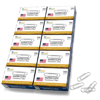 Upgrade Office Supply Jumbo Paper Clips, Non Skid, 1.9 Inch, 1000 Count (10 Boxes of 100), Silver, Made in USA