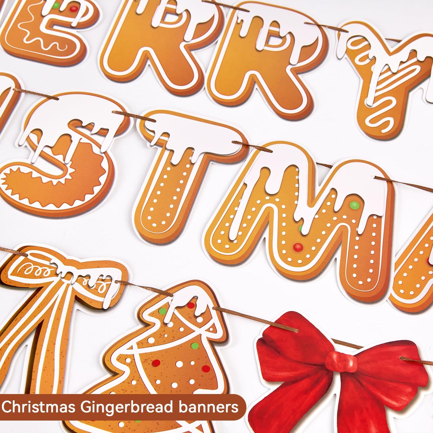 OBBOLO Merry Christmas Banners Gingerbread Theme, Pre-Strung Xmas Party Decorations, with 20 Pcs Gingerbread Men Hanging Swirls for Office Celebrations, School Events, Home Holiday Indoor Decor