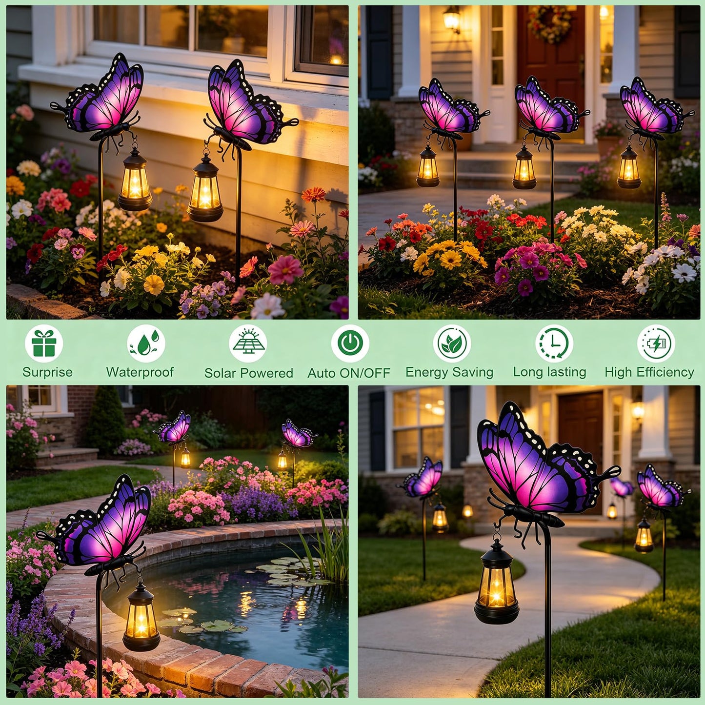 Solar Lights Outdoor Butterfly Garden Decor, 32.9in Purple Butterfly Garden Stakes with Solar Lights, Waterproof Metal Decorative for Yard Art Outside Patio Porch Lawn, Birthday Gifts for Women Mom