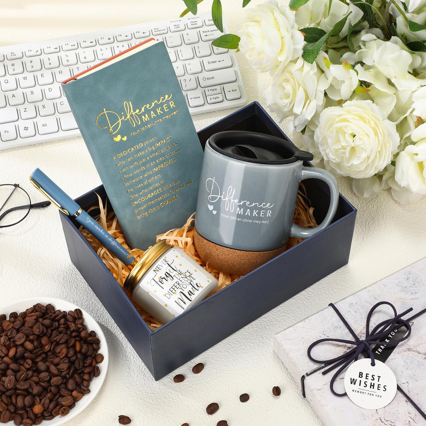 Vesici 4 Pcs Difference Maker Gift for Women Men Difference Maker Mug Notebook Candle Motivational Pen Employee Appreciation Gift for Volunteer Paraprofessional Coworker Secretary(Dark Blue,Word)