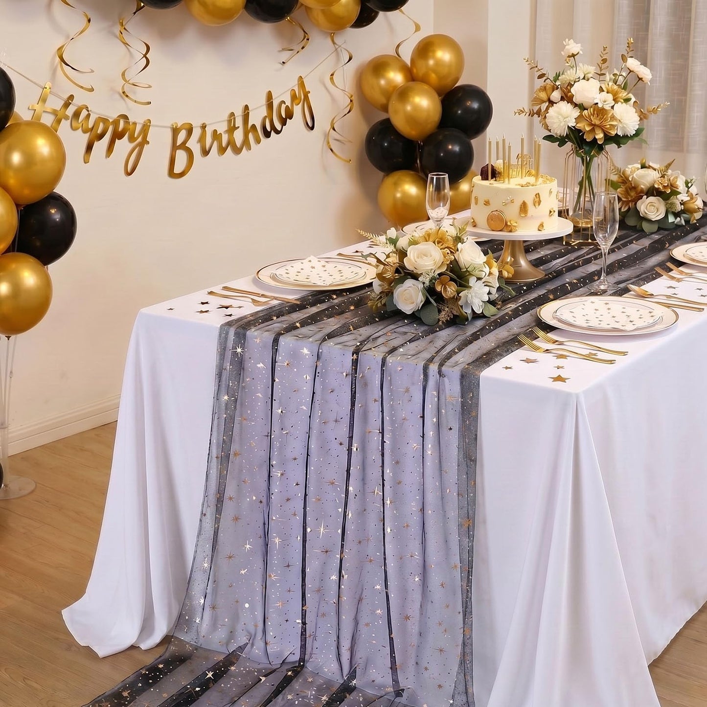 Black Gold Gauze Table Runner Centerpieces: Sparkling Gold Star 10ft Rectangular 3pcs Sequin Metallic Foil Sheer Tulle Cheesecloth for Seasonal Wedding Baby Shower Party