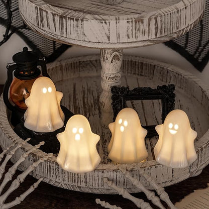 4PCS Halloween Ceramic Ghosts Light Up LED White Spooky Ghosts Figurines Scary Statue Sculpture Halloween Decor Gift for Fall Props Desk Tabletop Centerpieces Home Indoor Decorations