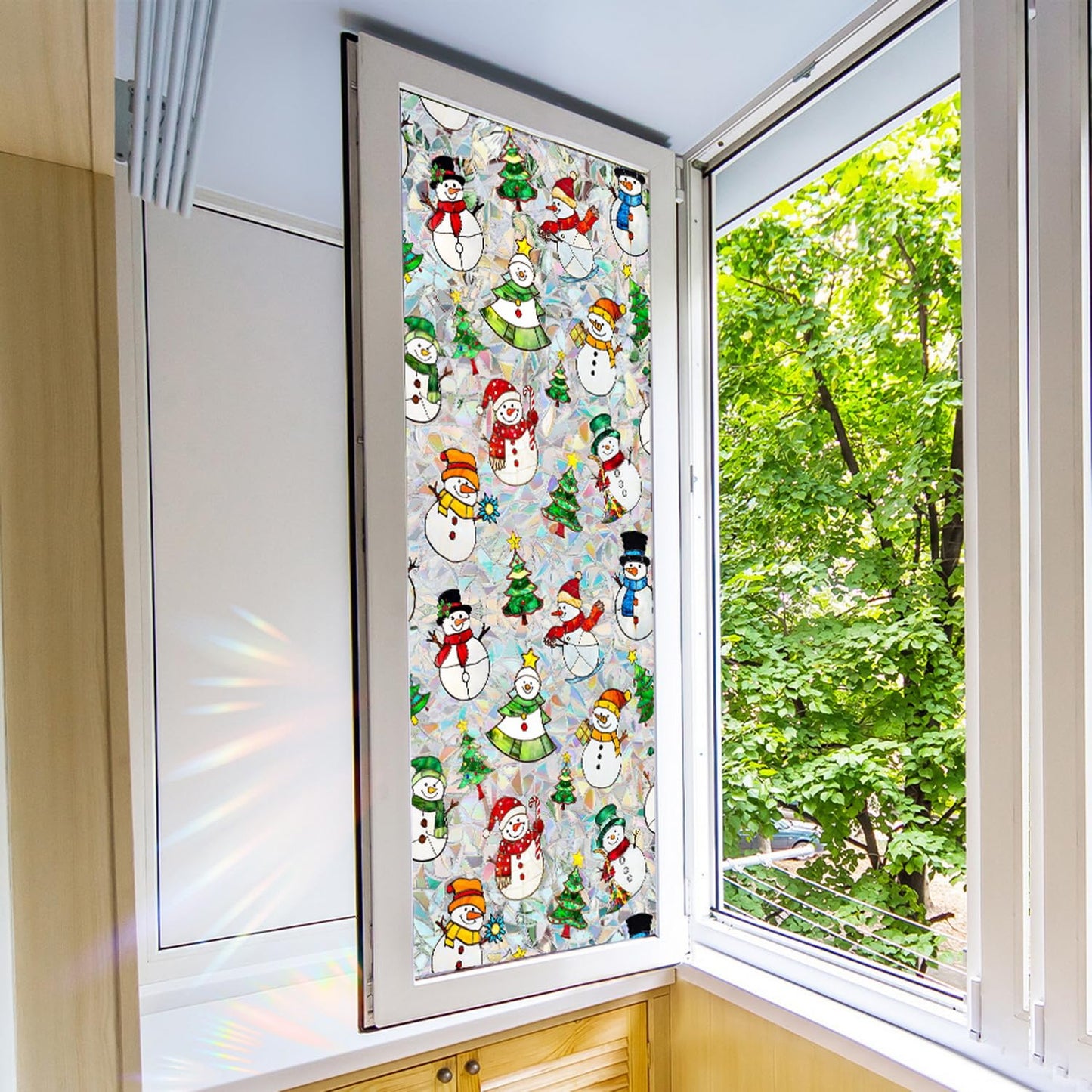 Christmas Window Privacy Film Xmas Stained Glass Decal Snowman Rainbow Windows Clings Decorative Xmas Tree Designs Window Clings Static Windows Film Stickers for Home Office Glass Decor