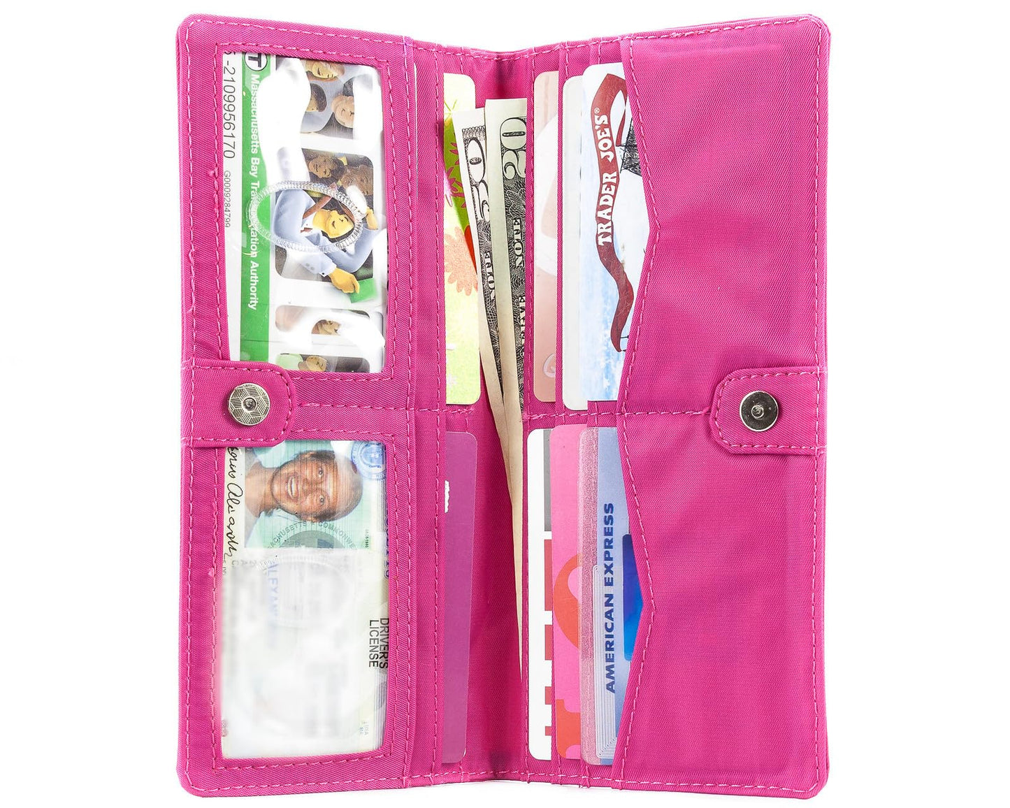 Big Skinny Women's Leather Executive Bi-Fold Checkbook Wallet, Holds Up to 40 Cards,Lightweight, Fuchsia