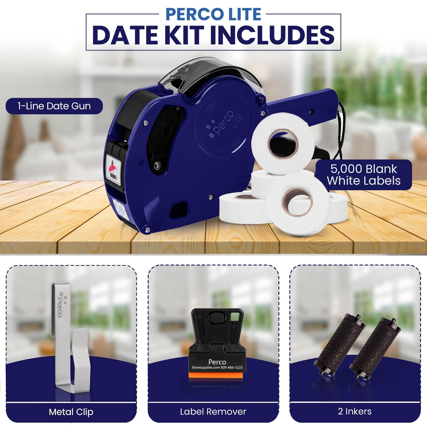 Perco Lite 1 Line Dater Gun with Labels Kit - Includes 5,000 Blank White Labels, 1 Gun Clip, 2 Ink Rollers, 1 Ink roll and Labels Pre-Loaded