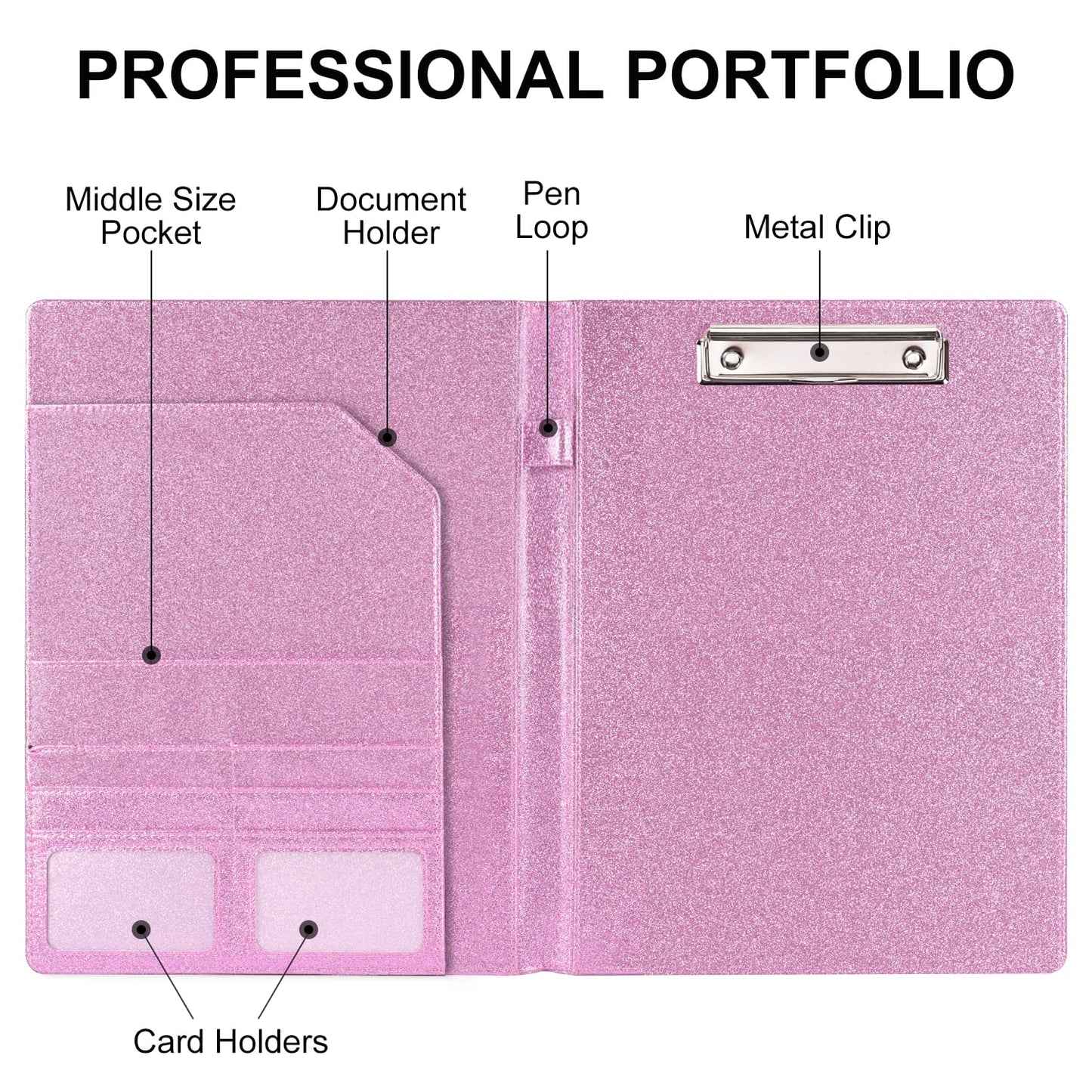 Cacturism Padfolio Portfolio Folder, Foldable Letter Size Clipboard Legal Pad, Bling PU Leather Professional Folio Organizer for Women - Resume Business Document Holder for Job Work Office, Pink