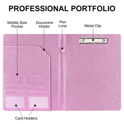 Cacturism Padfolio Portfolio Folder, Foldable Letter Size Clipboard Legal Pad, Bling PU Leather Professional Folio Organizer for Women - Resume Business Document Holder for Job Work Office, Pink