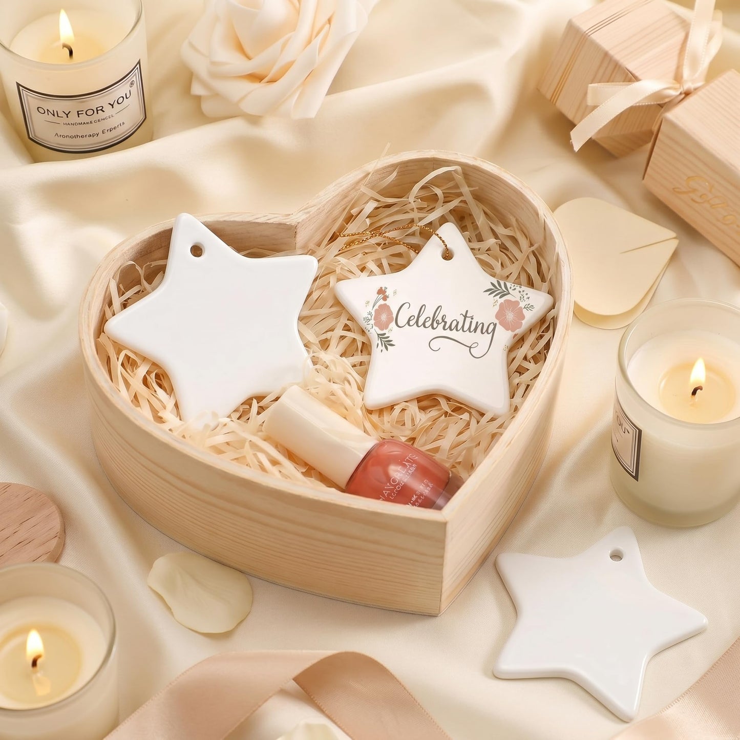 WILLBOND 10 Pcs Sublimation Blank Ceramic Ornament, 3 Inch White Ceramic Ornament Blanks with Gold String, Heat Press Transfer Supplies for DIY Craft Personalized Hanging Decoration(Five Pointed Star)
