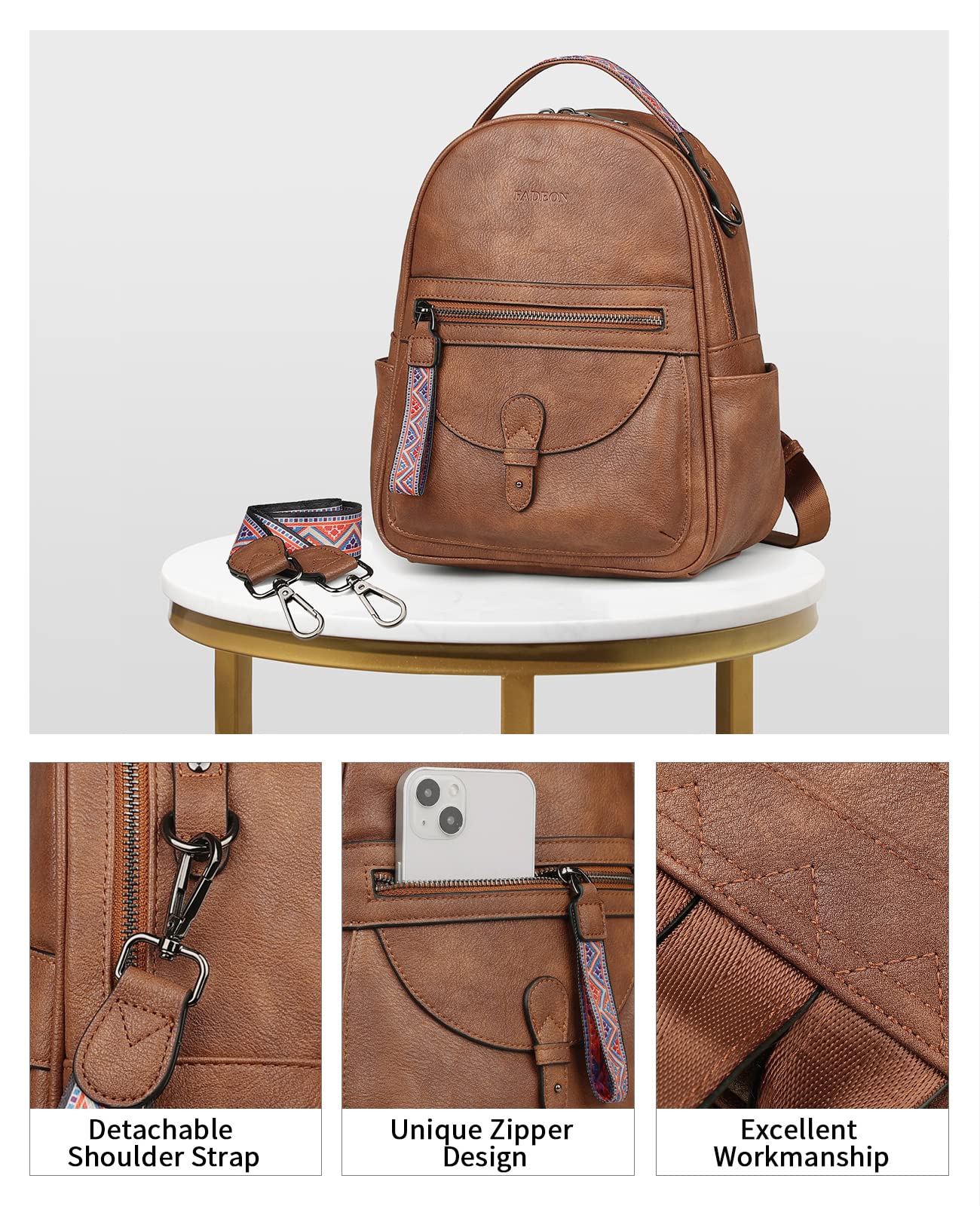 FADEON Mini Backpack Purse for Women, Designer Leather Cute Roomly Small Backpacks, Ladies Shoulder Backpack Fashion Handbag