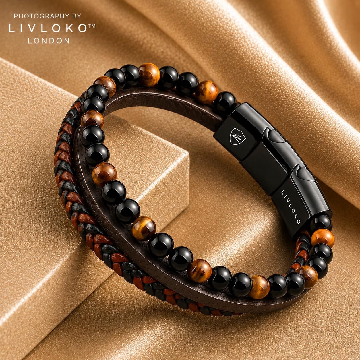 LIVLOKO Mens Bracelet Leather Black Multi-Layer Bracelet for Men Magnetic Clasp Rope Wristband Mens Gift for Boyfriend (Medium to Large 20-22cm, B. 19-22cm Black Brown Tiger-Eye Adjustable)