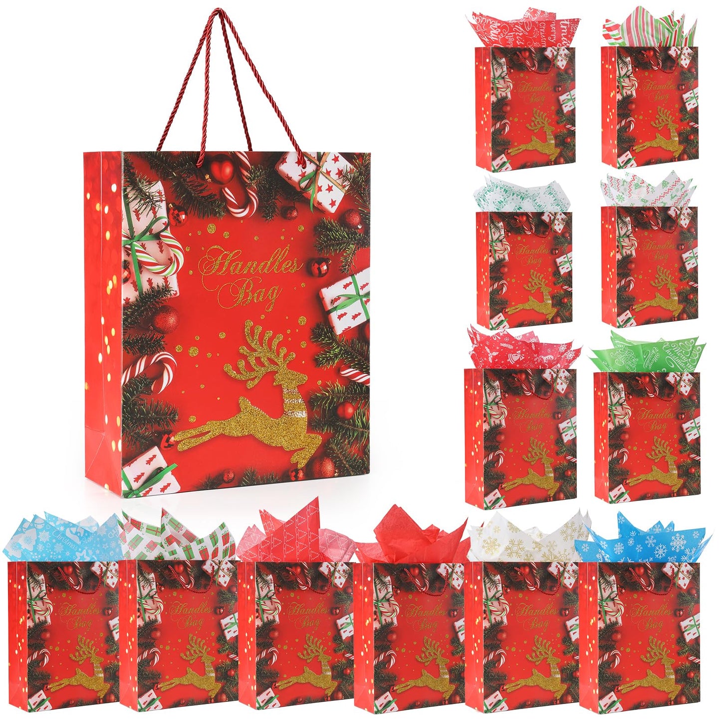 Rusikia 12 Christmas Gift Bags with 12 Tissues and 1 Satin Ribbon - Medium