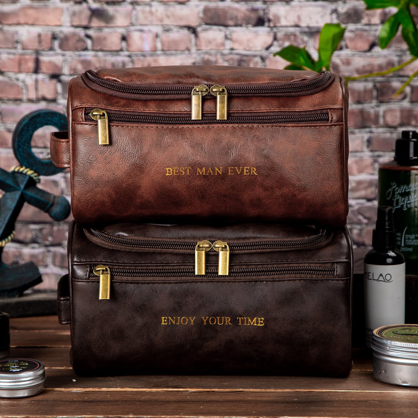 Flycalf Mens Toiletry Travel Bag Groomsmen Father Dad Mens Leather Toiletries Grooming Bag for Men Shaving Bag Hanging Water Resistant Organizer (Brown)