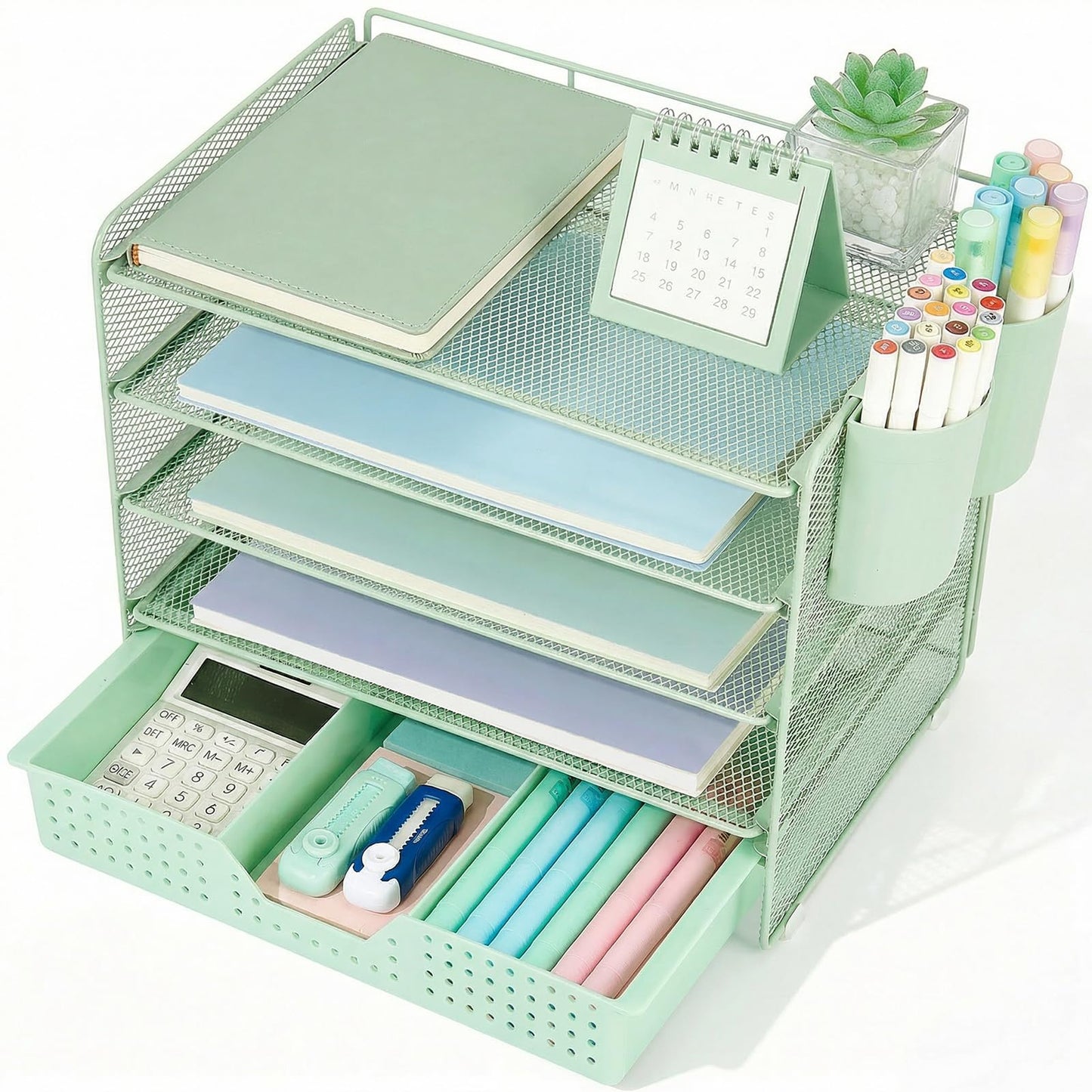 LEKETREE Desk Organizers and Accessories, 5-Tier Paper Letter Tray Organizer with Drawer & 2 Pen Holders, Desktop Organizer for Office Supplies (Green)