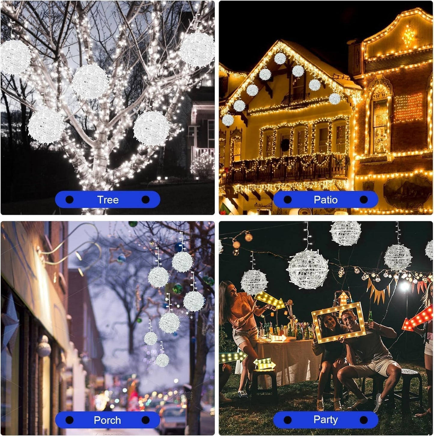 Baung Christmas String Lights Outdoors,4 Pack 7.98" Sphere Ball Tree Garden Globe Lights for Home, Party, Christmas, Porch Patio,Wedding, Garden,Tree Decoration with Memory Function Plug