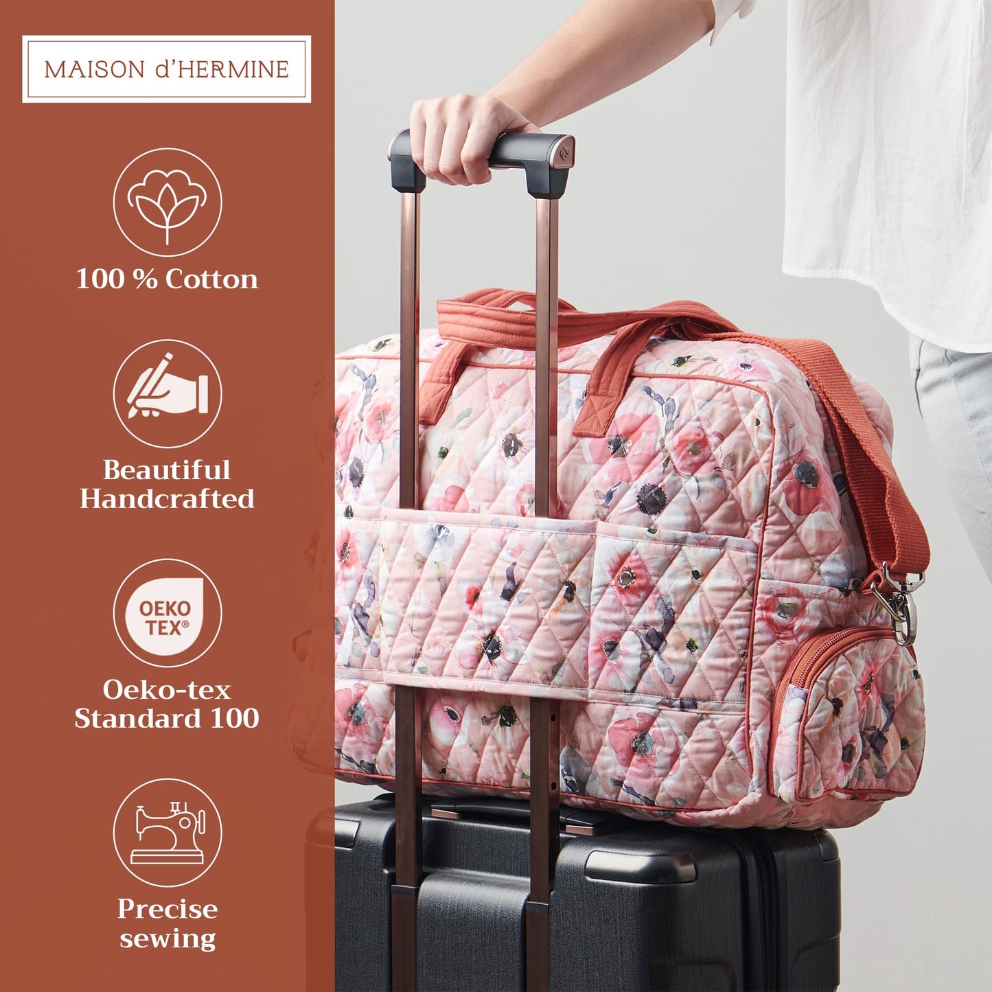 Maison d' Hermine Weekend Duffel Bags for Women Cotton Quilted Overnight Luggage Weekend Bag for Men Gym Sports Gifts Travel Business Travellers Trip Spring Summer (Romantic Poppy - Saumon)