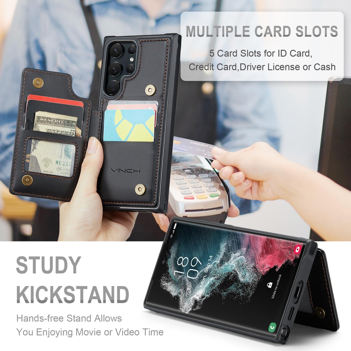 Vinich for Samsung Galaxy S22 Ultra Wallet Case with Card Holder, RFID Blocking Credit Slots Kickstand Shockproof Phone Cover Fit for Galaxy S22 Ultra 6.8" Black