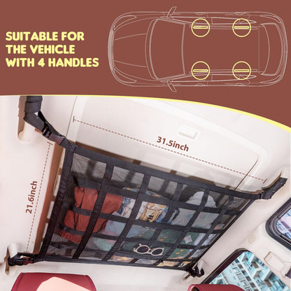 Upgrade Car Ceiling Cargo Net Pocket,31.5"x21.6" Strengthen Load-Bearing and Double-Layer Mesh Car Roof Storage Organizer,Truck SUV Van Travel Long Road Trip Camping Interior Accessories