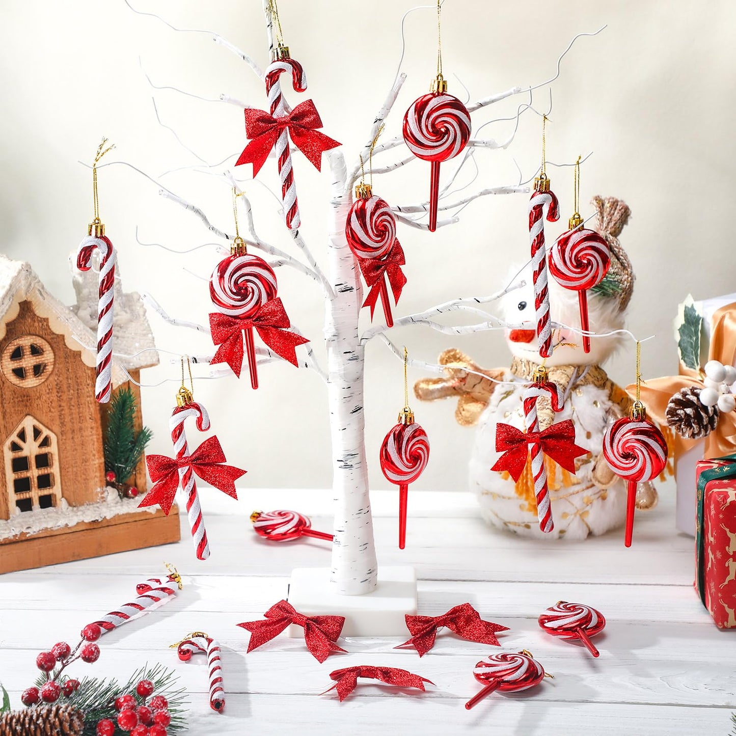 Pinkunn 30 Set Christmas Candy Cane Ornament with Bow Peppermint Candy Cane Christmas Tree Decoration Plastic Lollipop and Bow Hanging Ornaments for Xmas Tree Wreaths Holiday Decorations(Red)