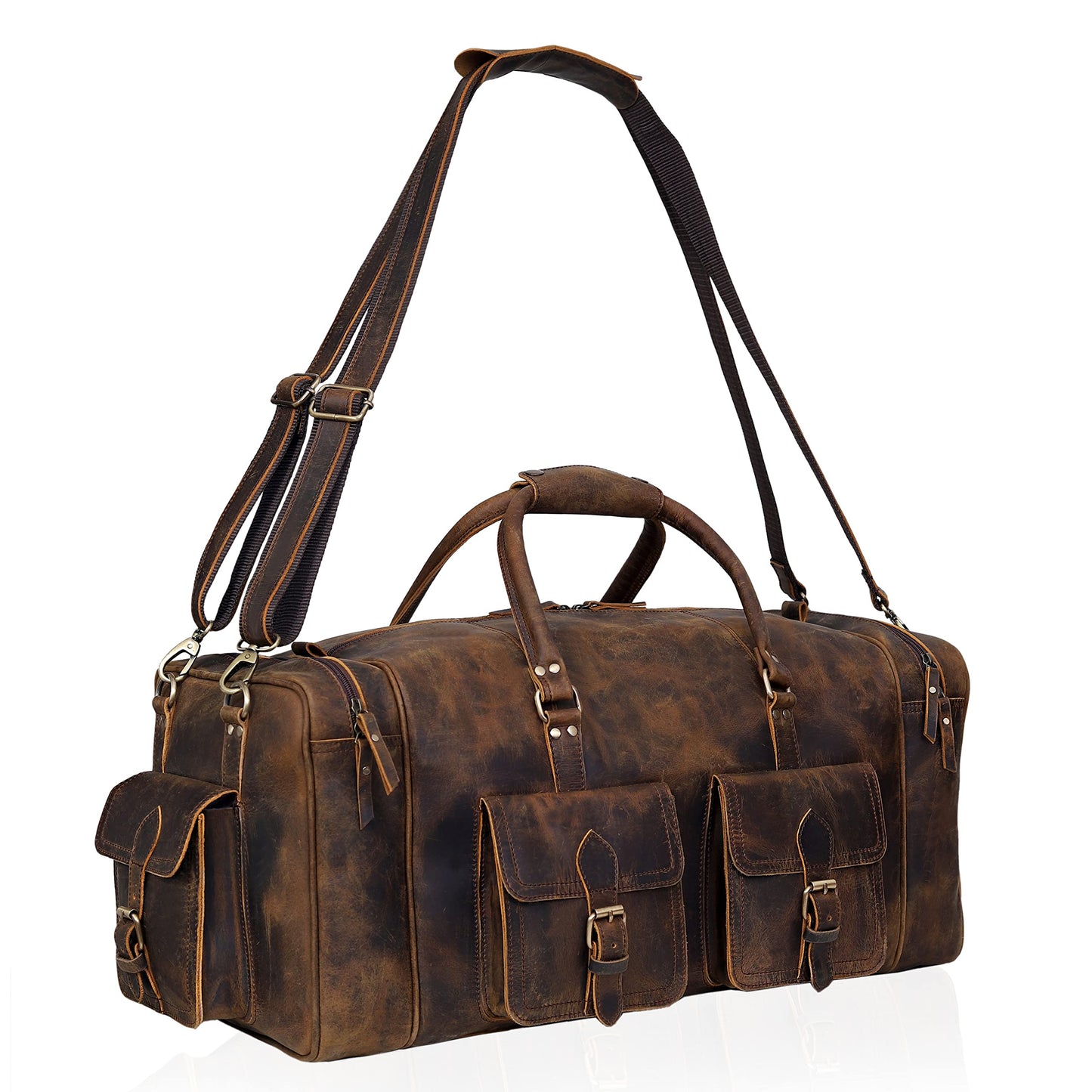 Large duffel bags for men holdall leather travel bag overnight gym sports weekend bag (BROWN, 20" Medium)