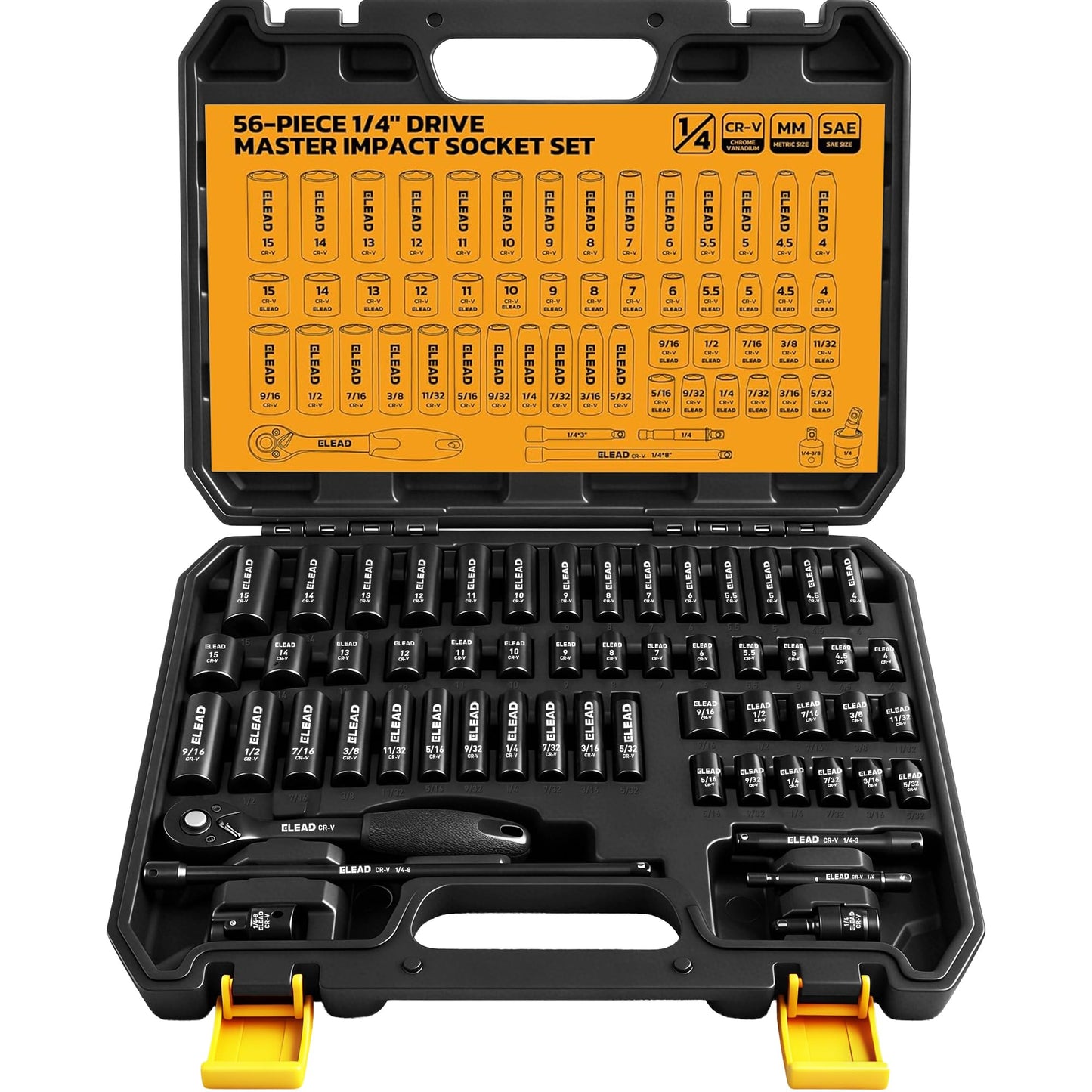 ELEAD 1/4" Drive Impact Socket Set, 56-Piece Standard SAE (5/32 to 9/16 inch) and Metric (4-15mm) Size, Deep & Shallow, 6 Point, Cr-V, 72-Tooth Ratchet Handle, Extension Bar, Universal Joint