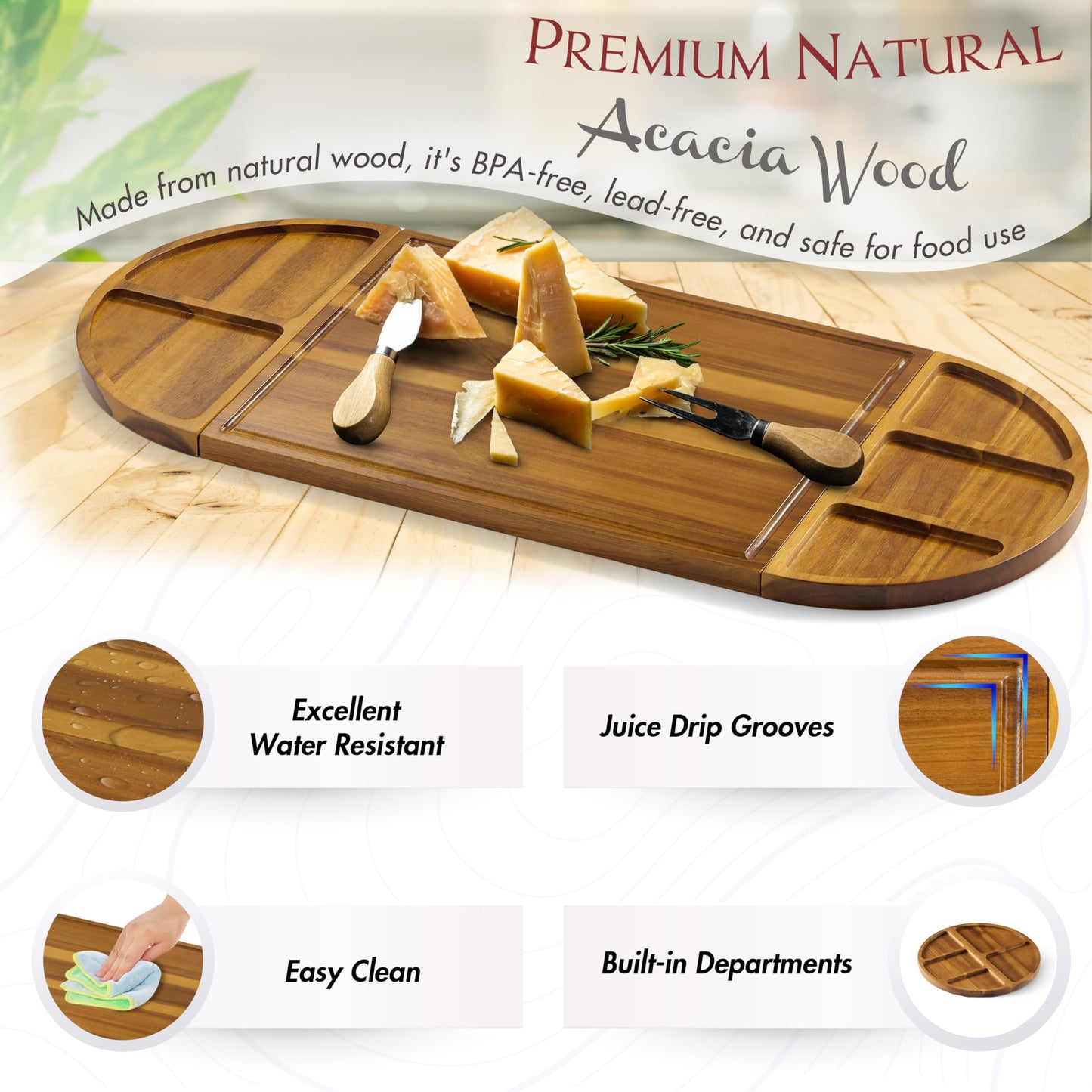 NAGAWOOD Extra Large Charcuterie Boards, 30'' x 13'' Acacia Cheese Board 3 Part Magnetic Long & Round Boards with Knive Set, Wine Opener & Cheese Marker, Unique Serving Tray for Birthday, Wedding Gift
