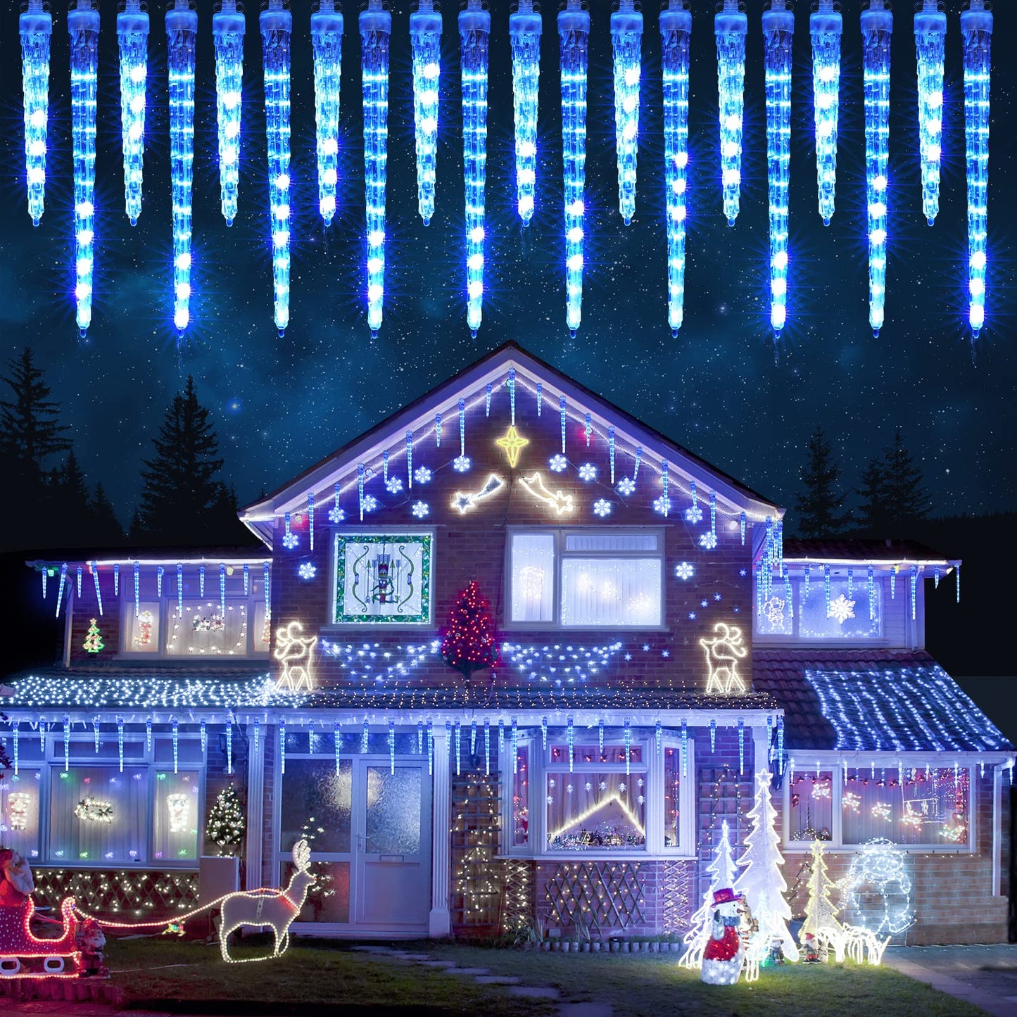 Joomer Icicle Christmas Lights Outdoor, 13FT 20 Icicles 400 LED Meteor Shower Icicle Lights Timer Waterproof Connectable Christmas Light for Outside Home Xmas Decoration - Blue