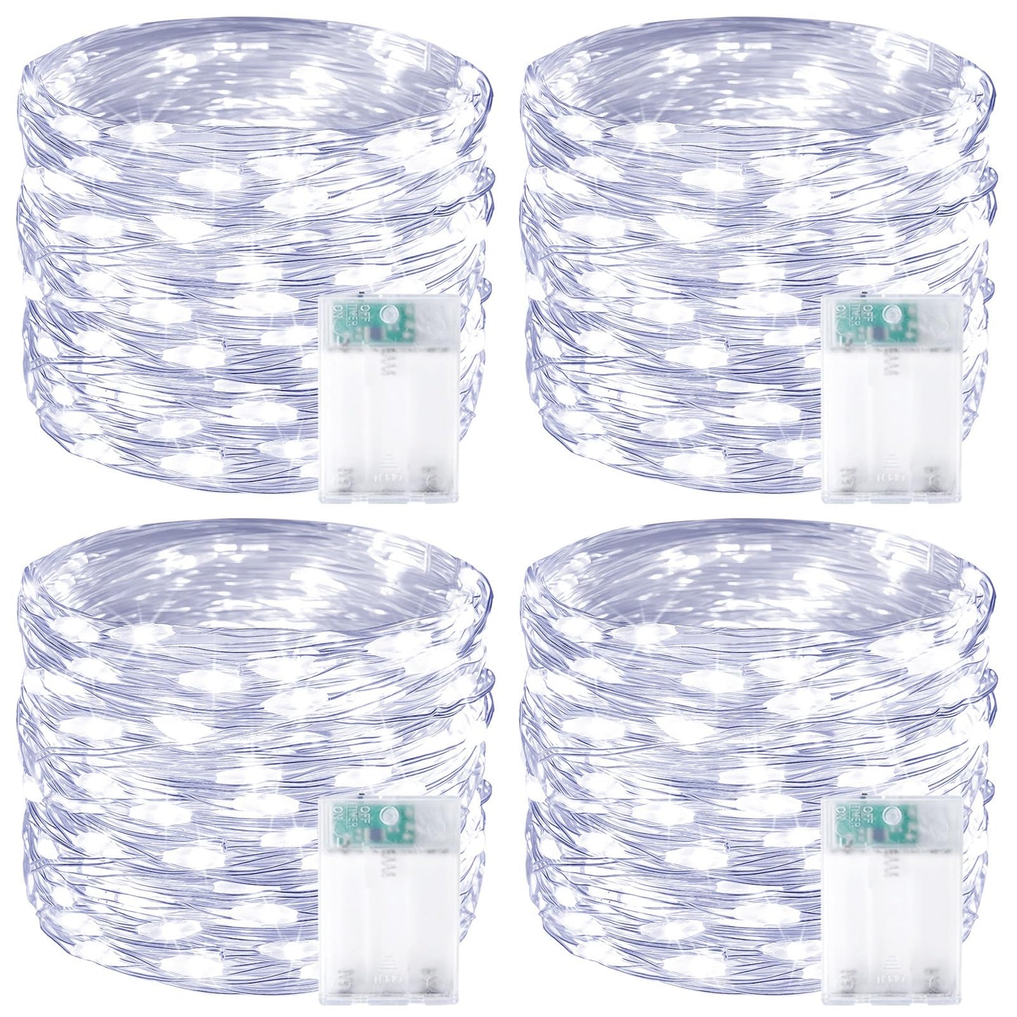 4 Pack 60 LED Fairy Lights Battery Operated with Timer, 20FT Waterproof String Lights Indoor Outdoor, Cuttable Battery Light for Home Bedroom Wedding DIY Centerpiece Christmas Decorations (Cool White)